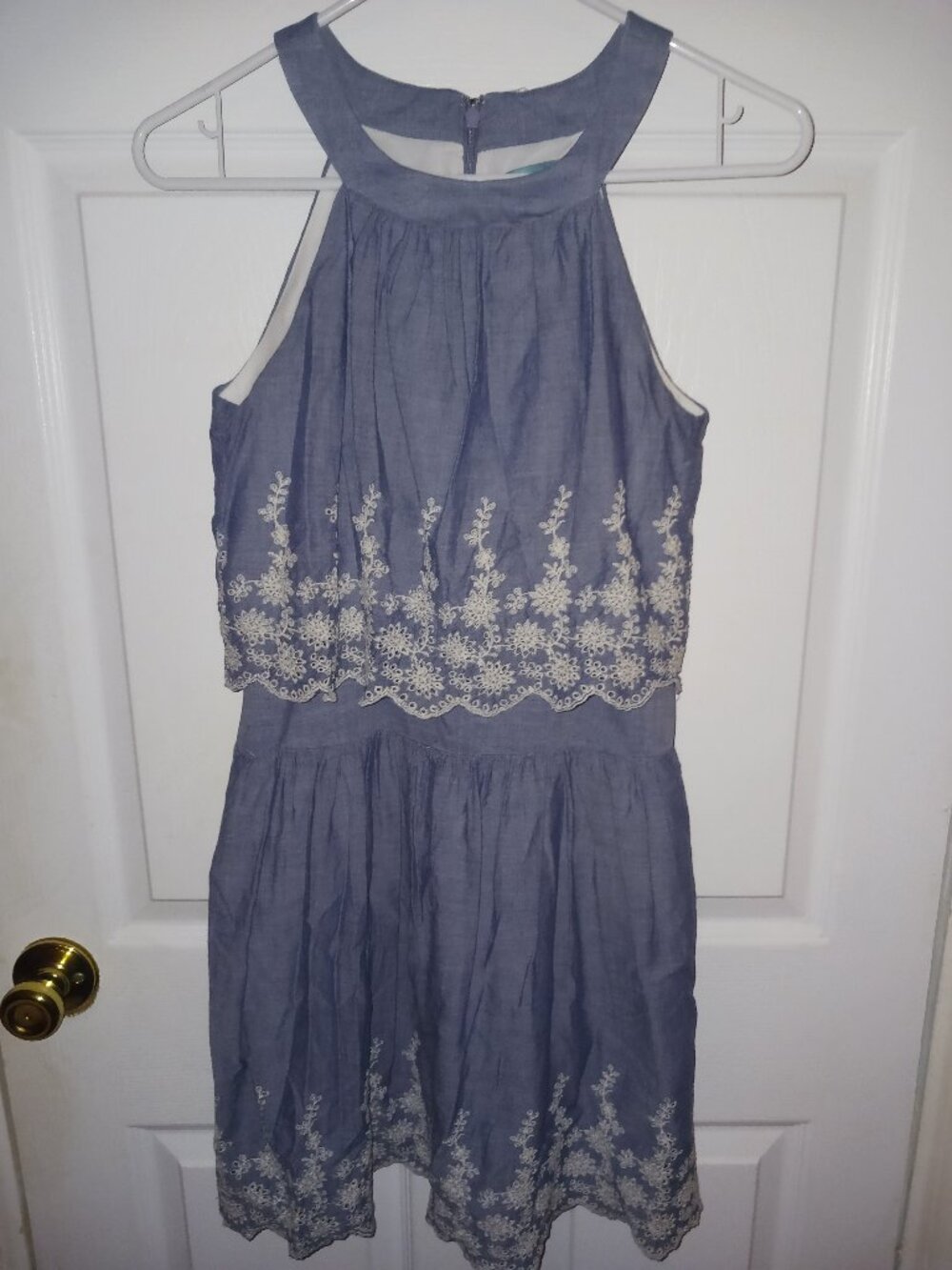 Pim + Larkin Blue Chambray Eyelet Embroidered Boho Halter-Neck Mini Dress Size 2